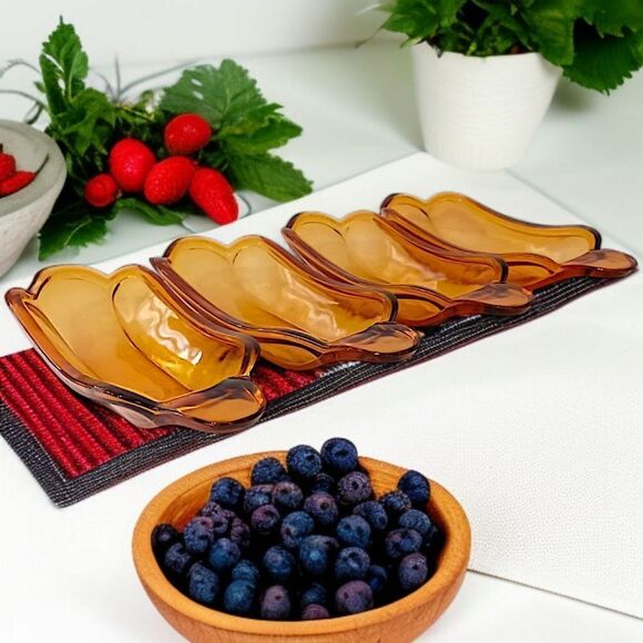 4 Amber Glass Banana Split Boat Sundae Dishes Set Vintage 70s 80s‎ Indiana Glass - Picture 11 of 16